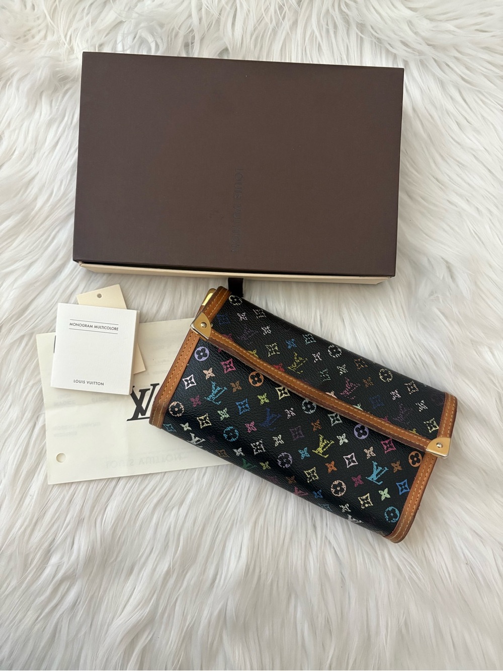 AUTH Louis Vuitton 2005 Black Murakami Multicolore Porte Tresor Wallet - READ